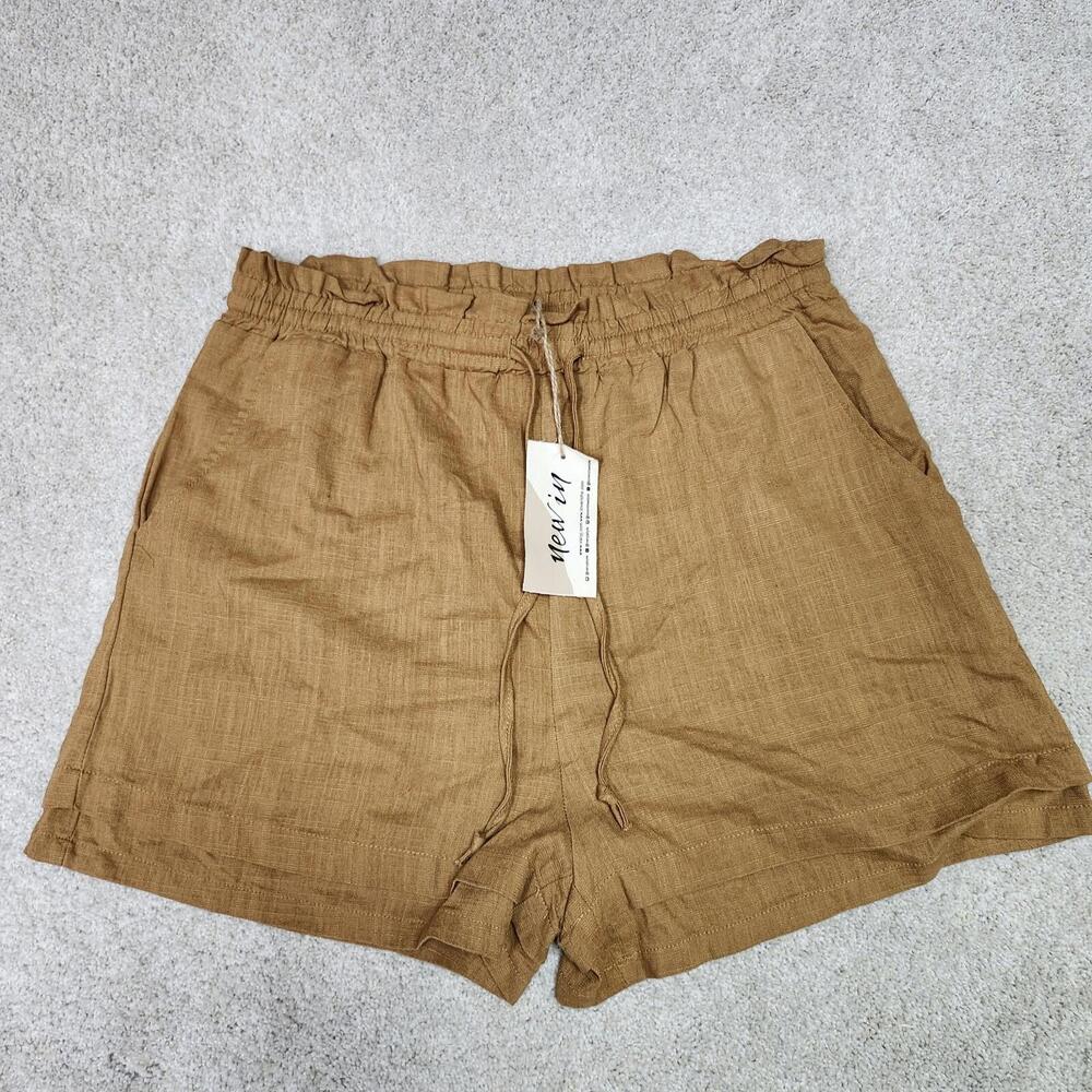 New In Shorts Women’s Yellow Elastic Waist Pockets Drawstring Lg NWT Linen Blend